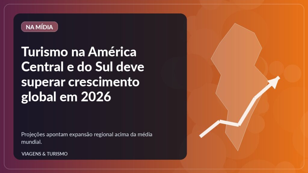 Mapa estilizado da América do Sul com seta de crescimento